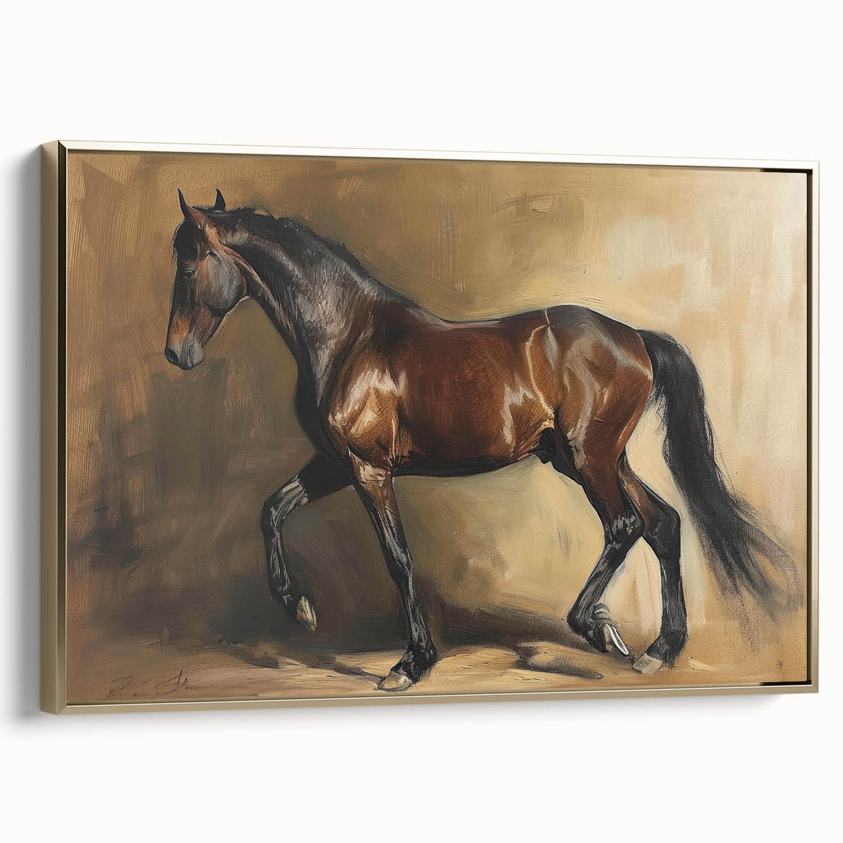Framed canvas artwork showcasing a vibrant animal design with gold accents, displayed at a side angle to highlight its unique texture and elegant presentation. Ideal for enhancing contemporary home decor.