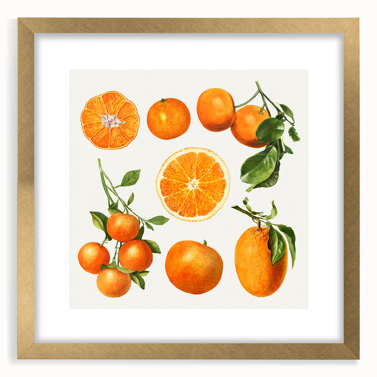 Extra large abstract art print of assorted fruits in vibrant colors on a gold-framed canvas, suitable for living room decor.