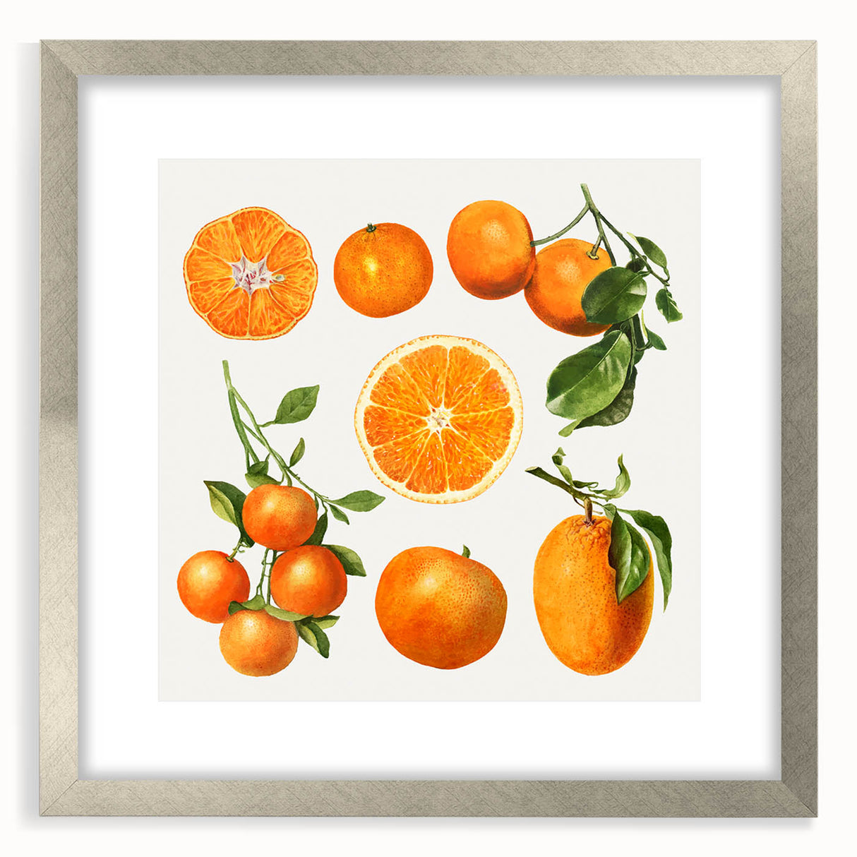 Textured art depicting abstract fruits in vibrant colors on a silver-framed print, ideal for bedroom art.