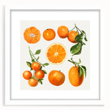 Abstract art print featuring assorted fruits in bright colors on a white framed mat, suitable for dining room decor.