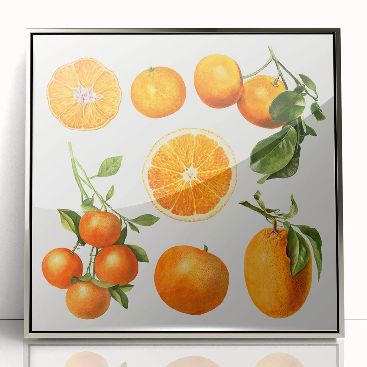 Mid-century modernist art featuring an array of fruits in vibrant colors, framed in acrylic with a silver border.