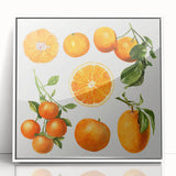 Framed acrylic print of assorted fruits in art deco style with vibrant colors, ideal for modern kitchen decor.