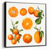 Black and white framed canvas featuring a vintage poster art style landscape with assorted fruits, ideal for bedroom decor.