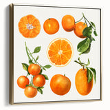 Framed canvas featuring a vintage poster art of assorted fruits in silver and gold tones, ideal for bedroom wall decor.