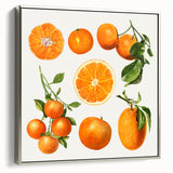 Framed canvas featuring a colorful array of fruits in a vintage poster style, ideal for kitchen wall art.