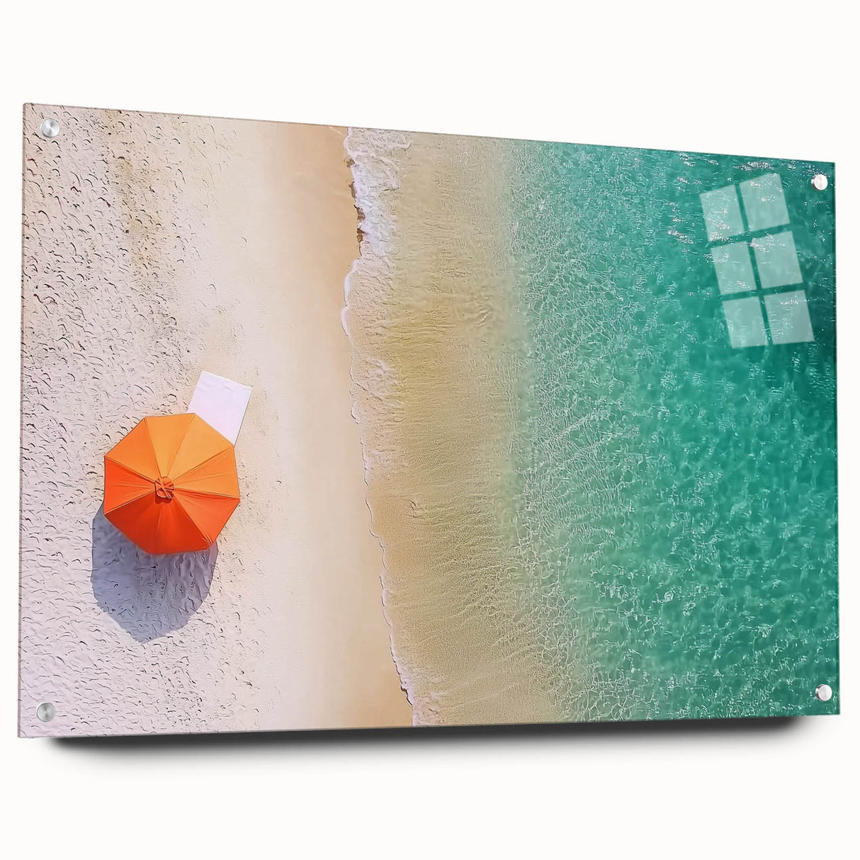 Acrylic glass wall art depicting a serene beach landscape, showcasing vibrant colors and intricate details, displayed from a side view with decorative pins.