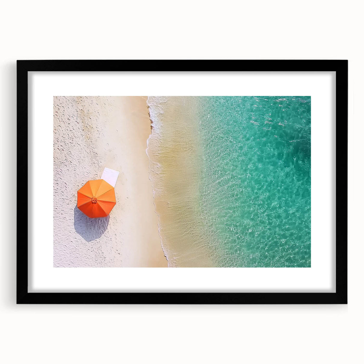 Black-framed landscape artwork showcasing serene beaches with soft waves, featuring a white mat for an elegant finish, perfect for home decor enhancement.