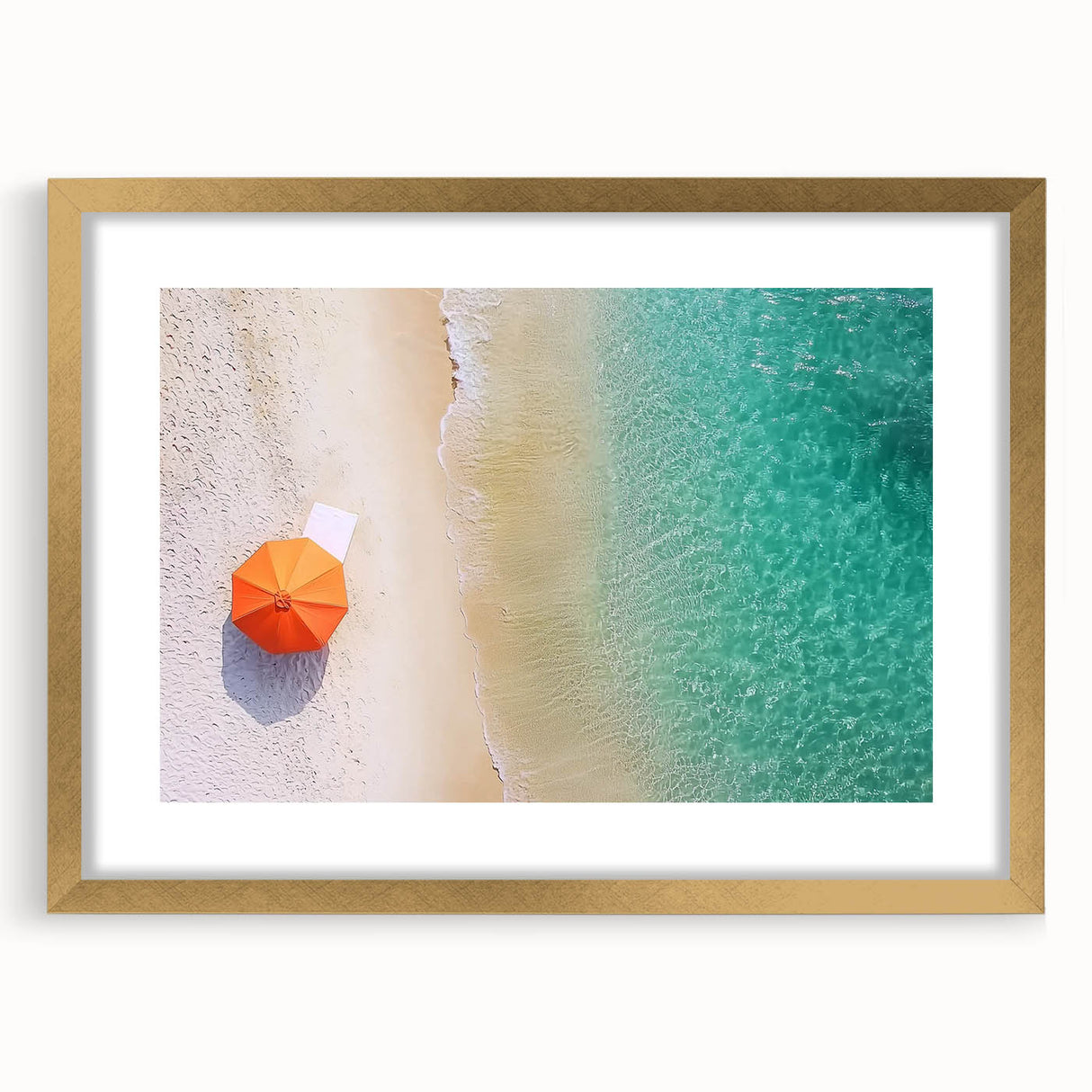 Elegant landscape artwork depicting serene beaches framed in a luxurious gold mat, showcasing vibrant colors and intricate details to enhance any home decor.