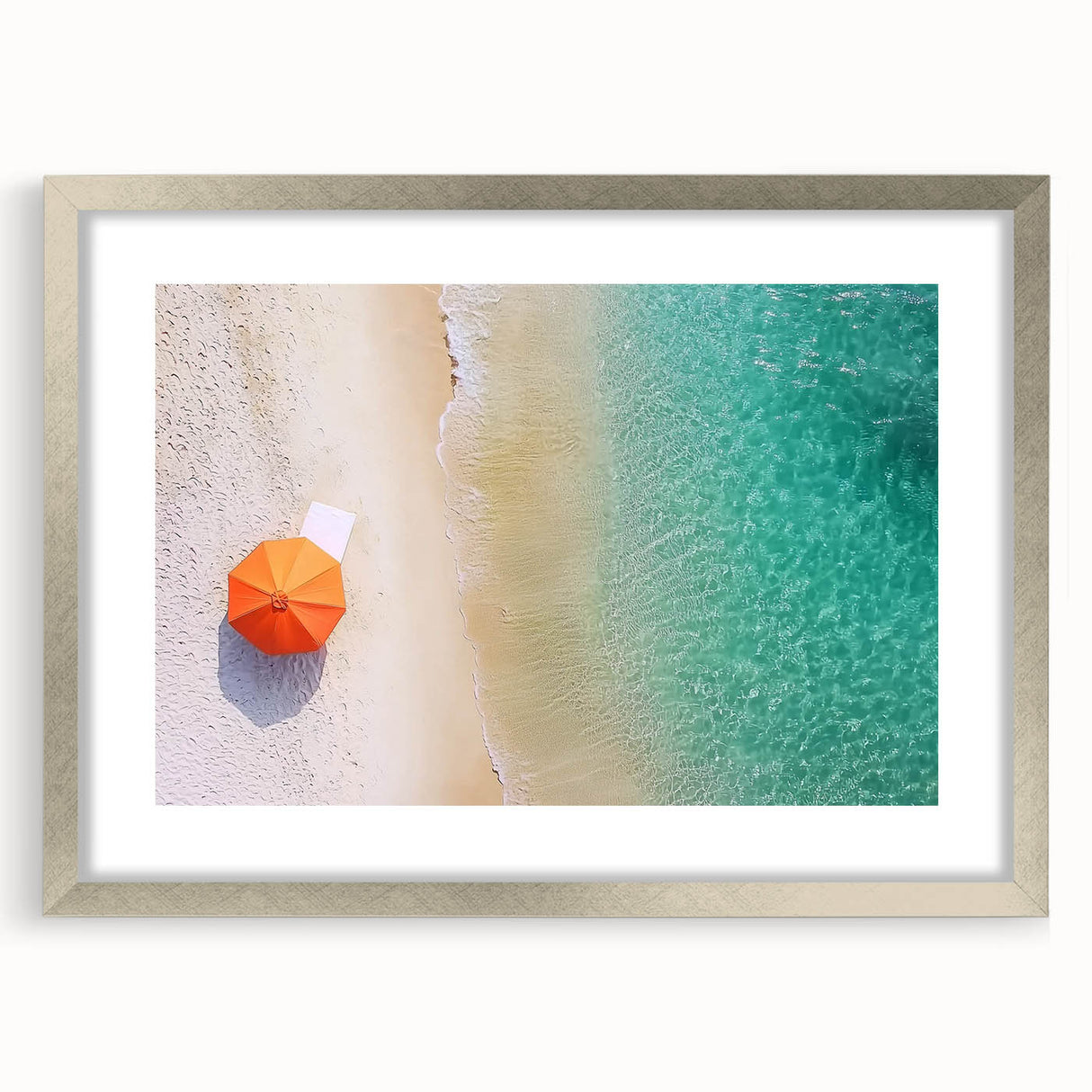 Silver-framed landscape art print showcasing a serene beach scene with vibrant colors and a white mat, perfect for coastal home decor. Suitable for living rooms and offices.