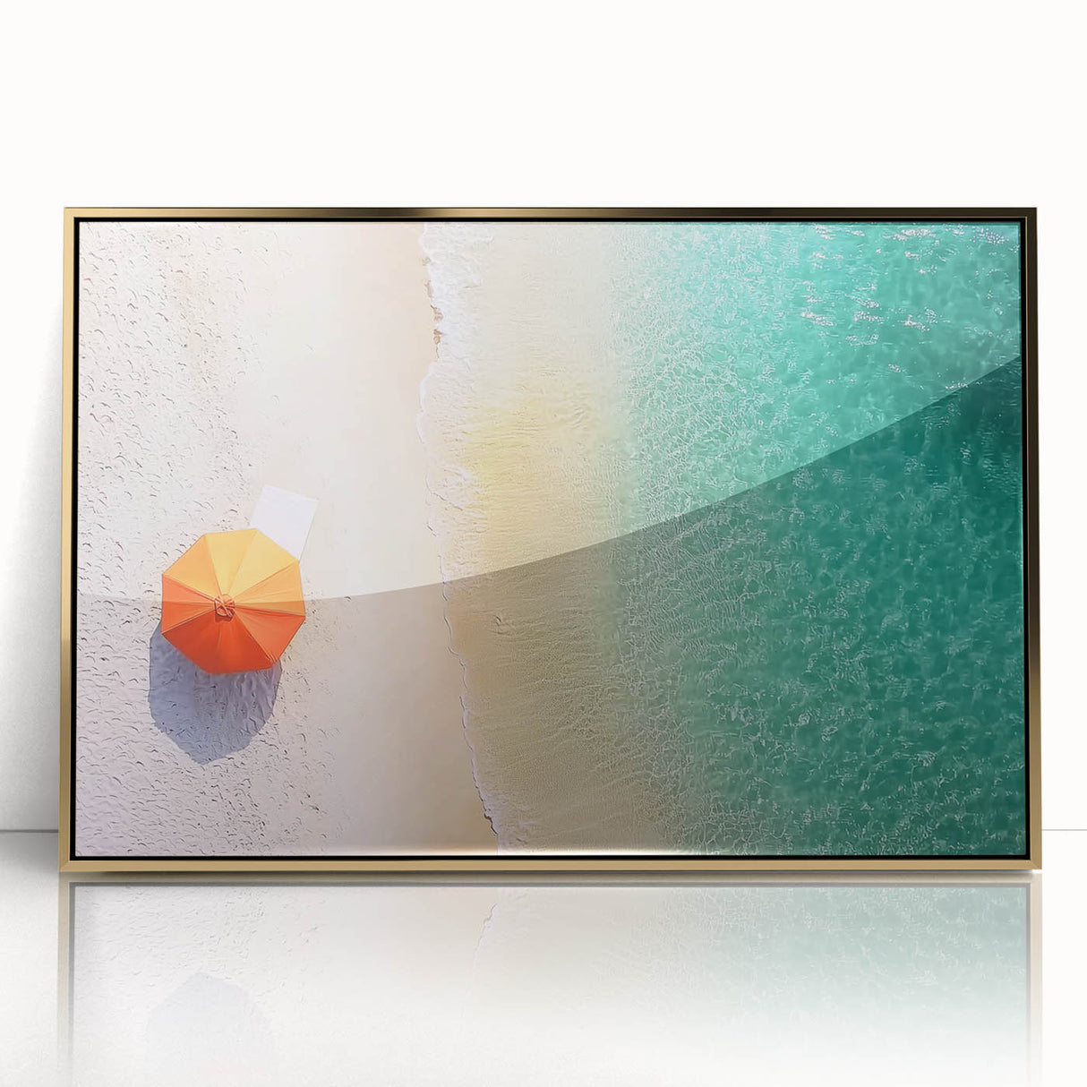 Framed acrylic artwork depicting a serene beach landscape with golden hues and gentle waves, perfect for coastal-themed decor, enhancing any space with tranquility.