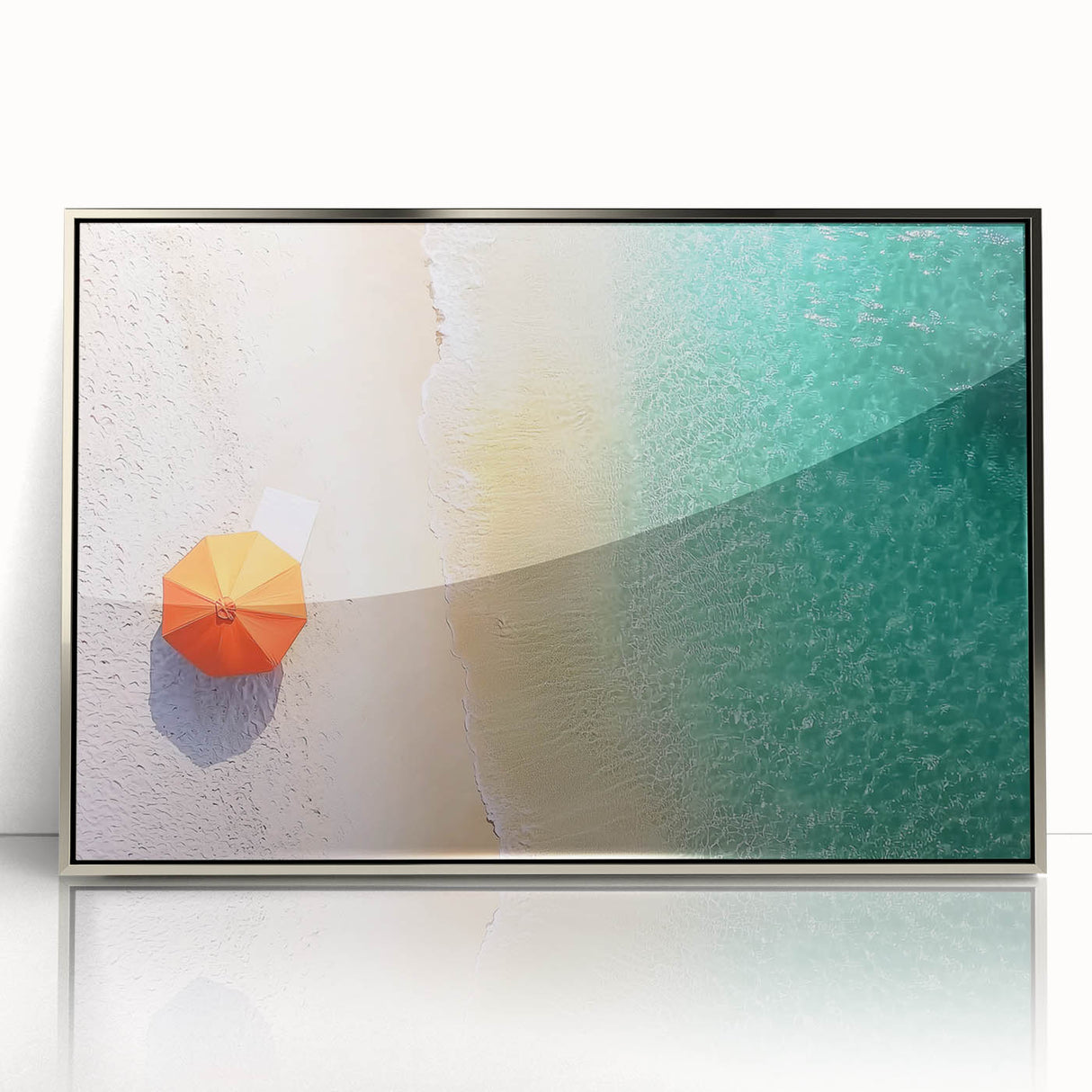 Framed acrylic artwork depicting a serene beach landscape with vibrant colors, designed to enhance interior decor with a coastal theme. Perfect for beach lovers and home decor enthusiasts.