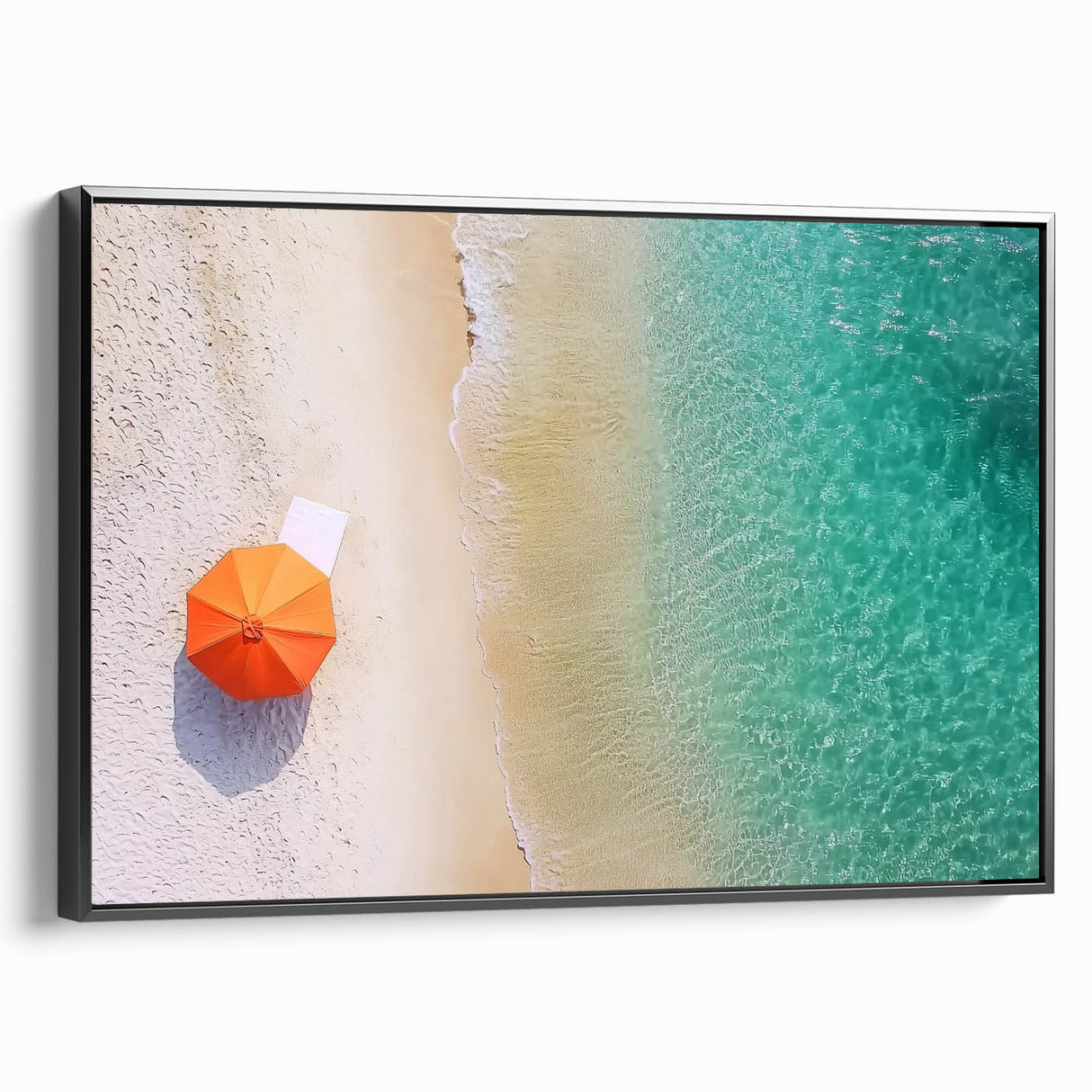 Framed canvas artwork showcasing a serene beach landscape scene, featuring vibrant colors and intricate details, displayed in a sleek black frame for an elegant touch.