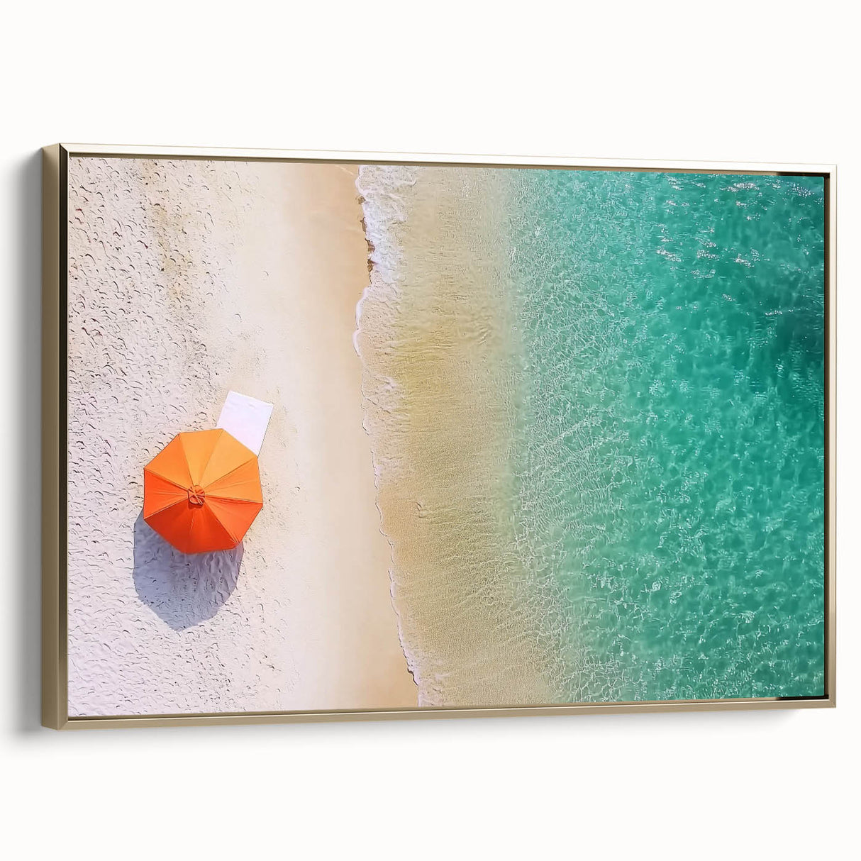 Framed canvas artwork showcasing a serene beach landscape with golden accents, designed to enhance home decor and create a calming atmosphere in any room.