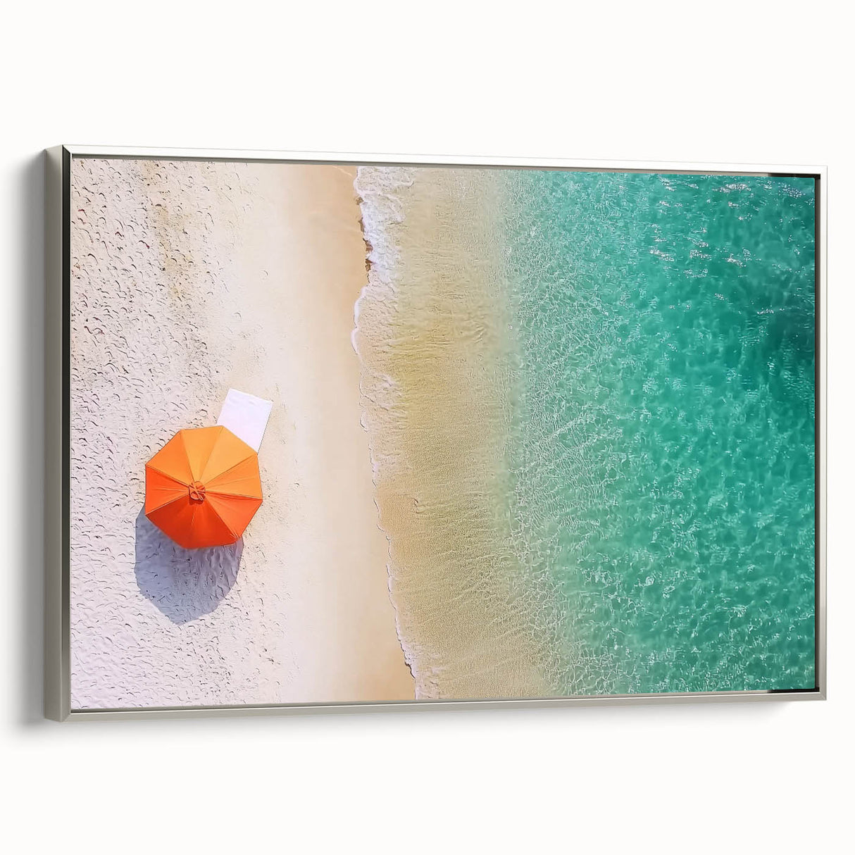 Framed canvas artwork showcasing a serene beach landscape with vibrant colors, silver frame accentuating the scene, perfect for home decor and relaxation.
