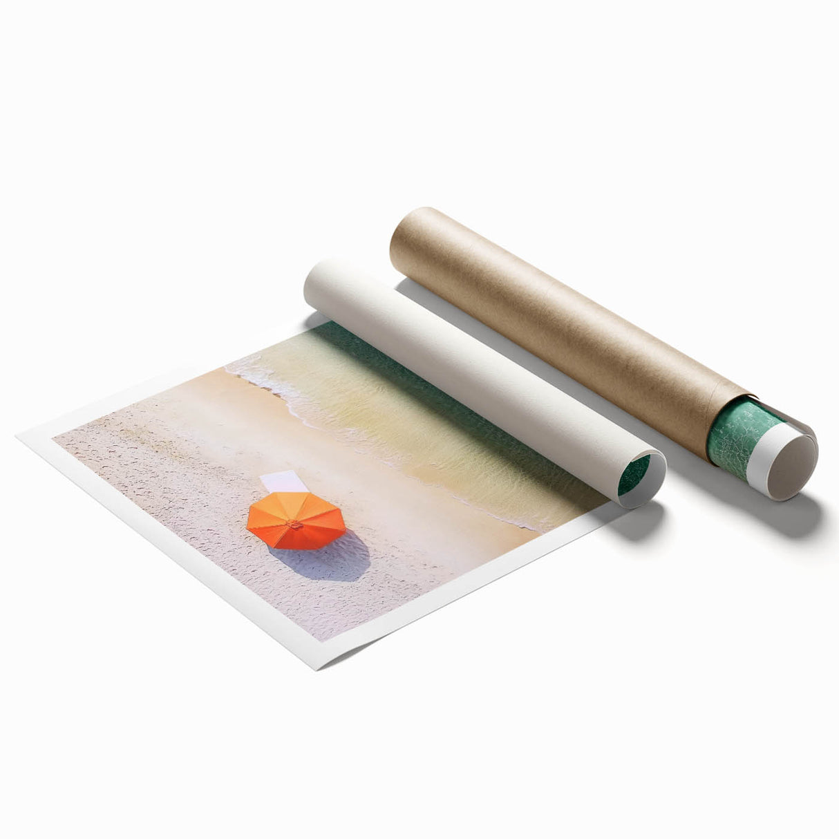 Vibrant rolled print showcasing a serene beach landscape with turquoise waters and golden sand, carefully packaged in a protective cardboard tube for safe shipping. Perfect for coastal decor enthusiasts seeking a tranquil atmosphere in their home.