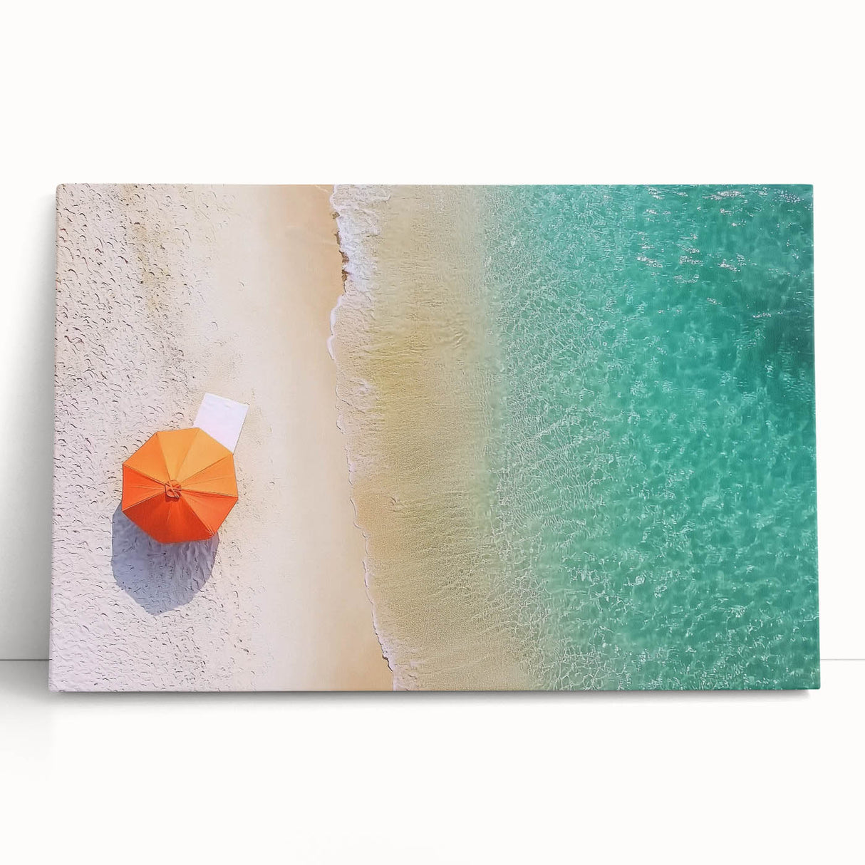 Stretched canvas artwork displaying a serene beach landscape with soft waves, vibrant skies, and golden sands, ideal for coastal-themed home decor.