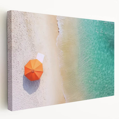 Stretched canvas artwork depicting a serene beach landscape, showcasing vibrant colors and fine details, ideal for coastal home décor. Perfect for enhancing living spaces.