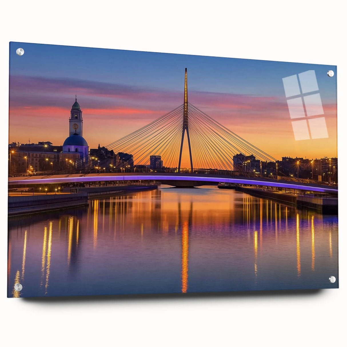 Elegant acrylic glass landscape bridge design showcasing vibrant colors and intricate details, displayed from a side view with visible pins for secure mounting.
