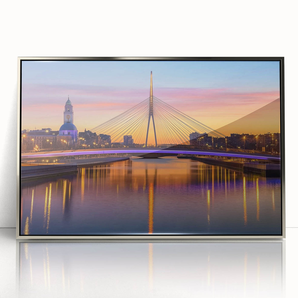 Framed acrylic artwork showcasing a stunning landscape bridge scene, featuring vibrant colors and intricate details, ideal for home decor or office spaces.