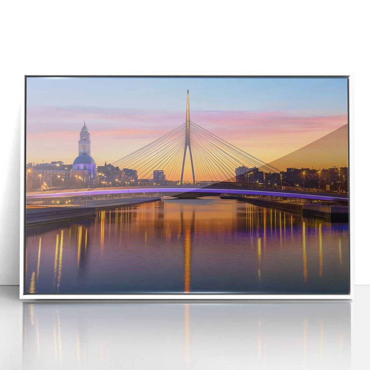 Framed acrylic artwork depicting a serene landscape bridge scene with vibrant colors, set against a white background, ideal for home or office decor.