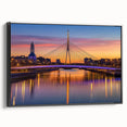 Framed canvas art depicting a serene landscape bridge scene, presented in a sleek black frame. Ideal for home decor, adding a tranquil touch to any room.