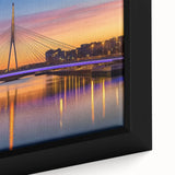 Close-up of a framed landscape bridge canvas art piece, showcasing vibrant colors and intricate details of the natural scenery, ideal for home decor.
