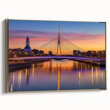 Framed canvas artwork depicting a scenic landscape bridge with golden hues, showcasing intricate details and a side view perspective, perfect for home decor or art enthusiasts.