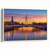 Framed canvas artwork depicting a serene landscape with a bridge, showcasing natural colors and intricate details, perfect for home decor or office ambiance.