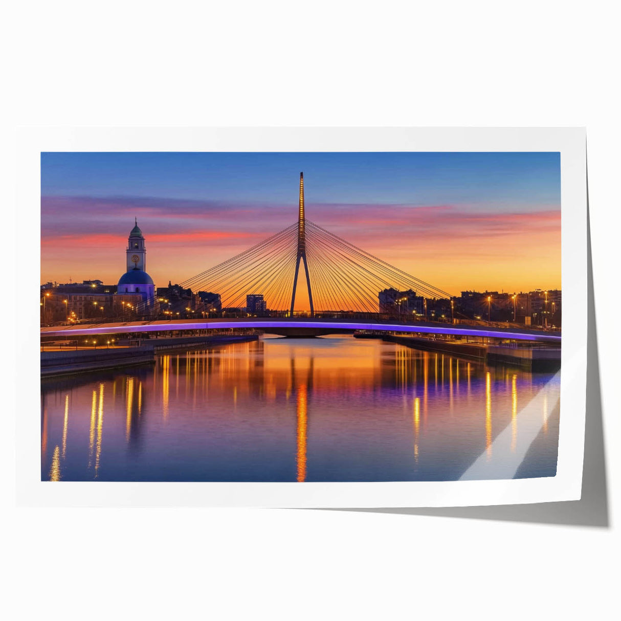 Landscape bridge rolled print showcasing an intricate design with vibrant colors and fine details, elegantly packaged in a protective cardboard tube for easy display. Ideal for enhancing home decor with artistic flair.