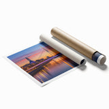 Landscape bridge art print on rolled canvas, showcasing vibrant colors and intricate details of a scenic view, securely packaged in a protective cardboard tube for safe transport and display.