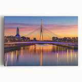 Stretched canvas artwork showcasing a serene landscape bridge scene over a tranquil river, featuring vibrant colors and fine details, ideal for home decor.