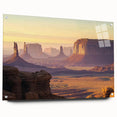 Acrylic glass artwork showcasing a stunning landscape of canyons, featuring vibrant colors and intricate details, displayed from a side view with decorative pins for mounting.