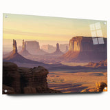 Acrylic glass artwork showcasing a stunning landscape of canyons, featuring vibrant colors and intricate details, displayed from a side view with decorative pins for mounting.