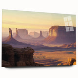 Abstract acrylic landscape art depicting vibrant canyons in rich hues of orange and blue, showcased in a sleek glass frame without pins, ideal for modern decor.