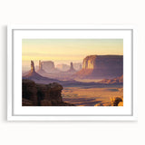 Framed landscape artwork of vibrant canyons, showcasing rich orange and brown hues, presented in a stylish white mat. Ideal for enhancing home decor.
