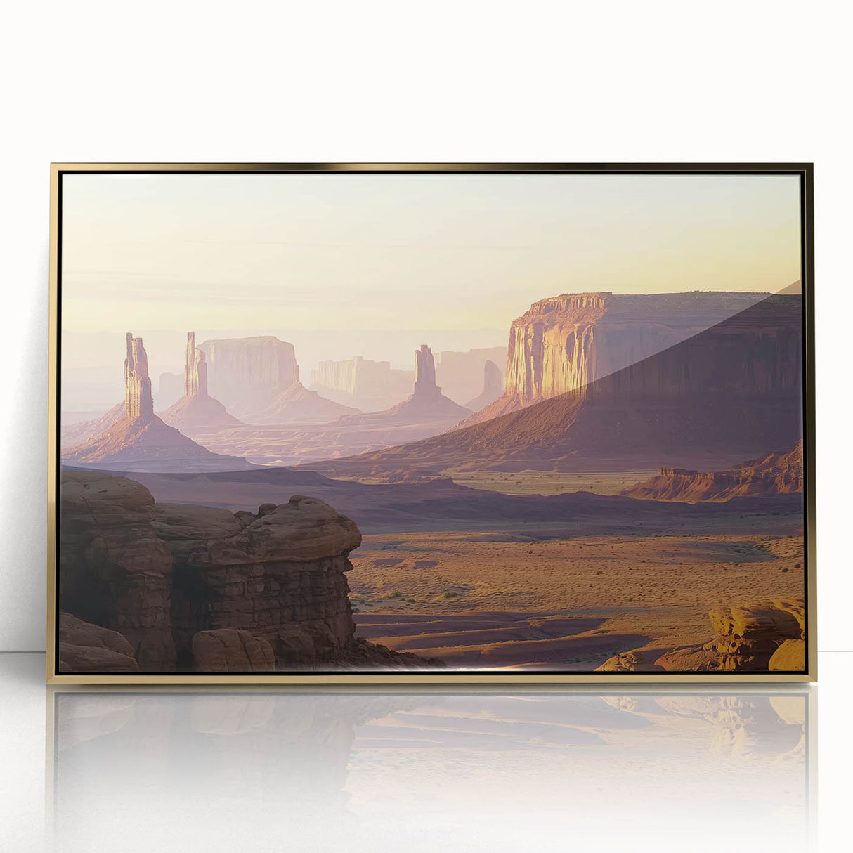 Framed acrylic landscape artwork depicting vibrant canyons in gold and earthy tones, ideal for modern home decor and art enthusiasts. Perfect for adding a touch of elegance to any living space.