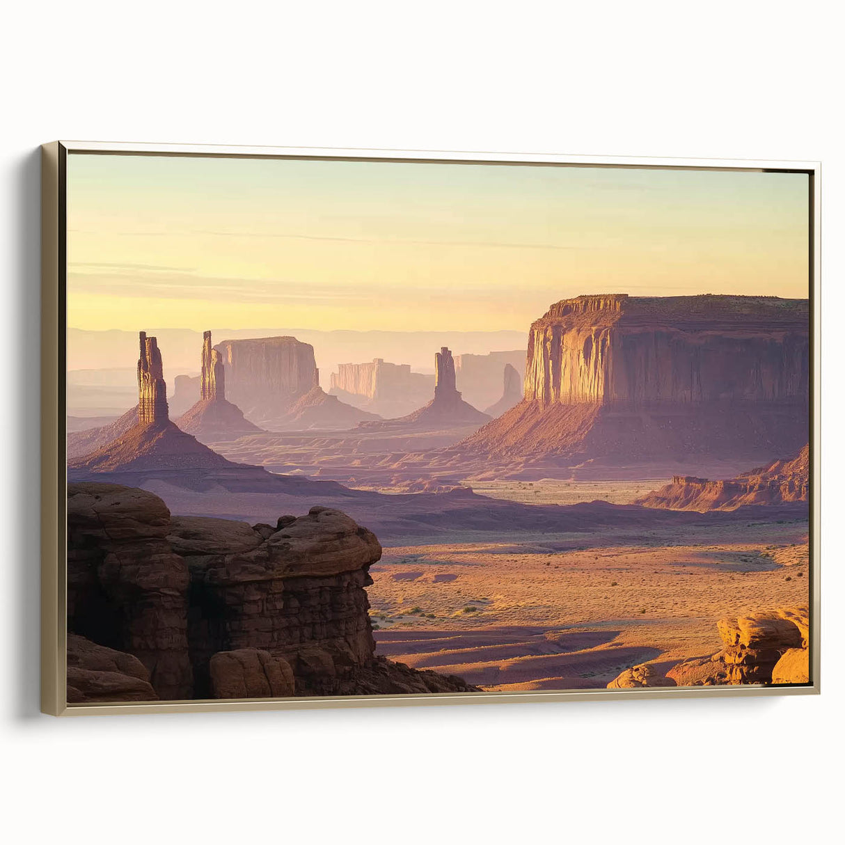 Framed canvas artwork depicting a stunning landscape of canyons, showcasing rich earthy tones and gold accents, perfect for enhancing any modern home decor.