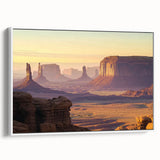 Framed landscape canvas print showcasing vibrant canyons in rich earth tones, elegantly displayed with a white frame, perfect for home or office decor.