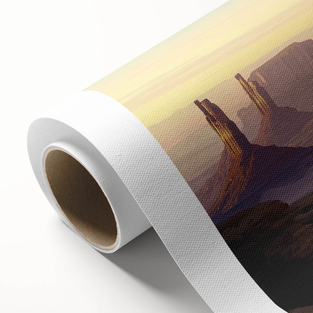 Vibrant rolled canvas print depicting stunning desert canyons at sunset, showcasing rich orange, red, and purple hues, perfect for home decor and artistic displays.