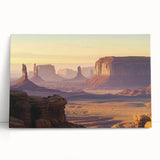 Stretched canvas artwork showcasing a stunning landscape of canyons under a vibrant sunset, perfect for home decor, evoking tranquility and adventure.