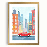 Cityscape Red Car Nursery Wall Art – Kids Room & Baby Decor