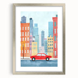 Cityscape Red Car Nursery Wall Art – Kids Room & Baby Decor