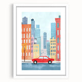 Cityscape Red Car Nursery Wall Art – Kids Room & Baby Decor