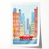 Cityscape Red Car Nursery Wall Art – Kids Room & Baby Decor