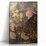 Mid-century modernist art depicting a fall landscape in muted orange and brown tones, framed acrylic print.