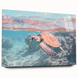 Large abstract wall art in vibrant orange and blue tones on acrylic glass, ideal for bedroom or dining room decor.