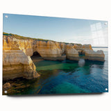 Acrylic landscape artwork showcasing dramatic cliffs in vibrant colors, mounted on glass with pins, perfect for modern decor in living spaces.