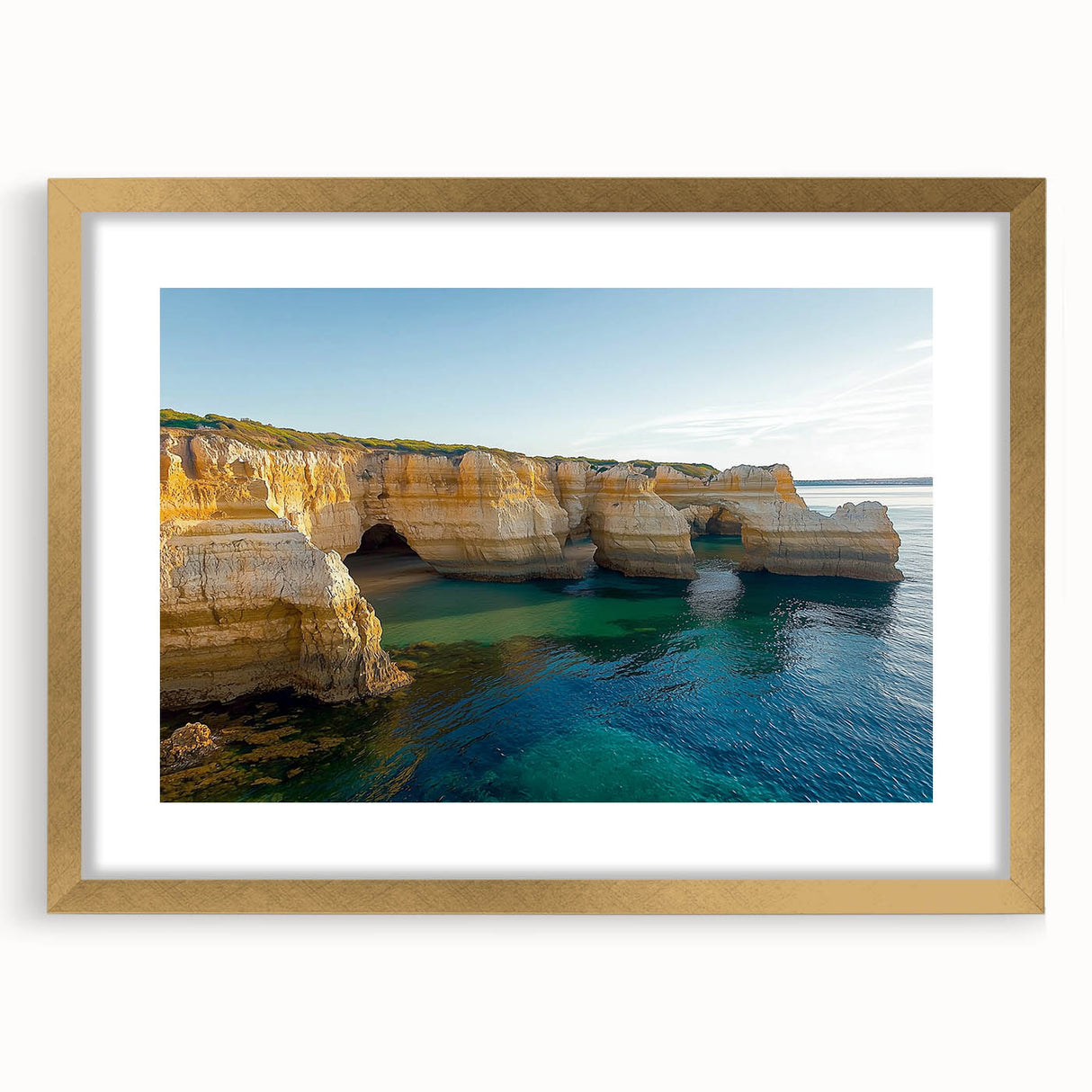 Elegant gold-framed landscape print featuring dramatic cliffs, enhancing any decor with its vibrant colors and intricate matting, perfect for nature lovers.