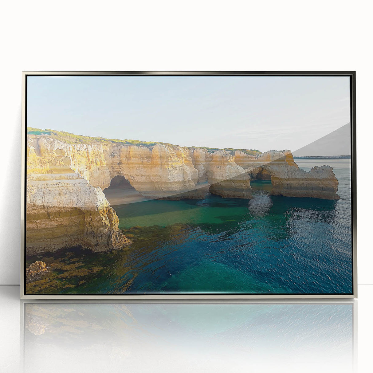 Framed acrylic artwork showcasing stunning cliffs in a serene landscape, featuring vibrant colors and intricate details, perfect for home decor aesthetics.