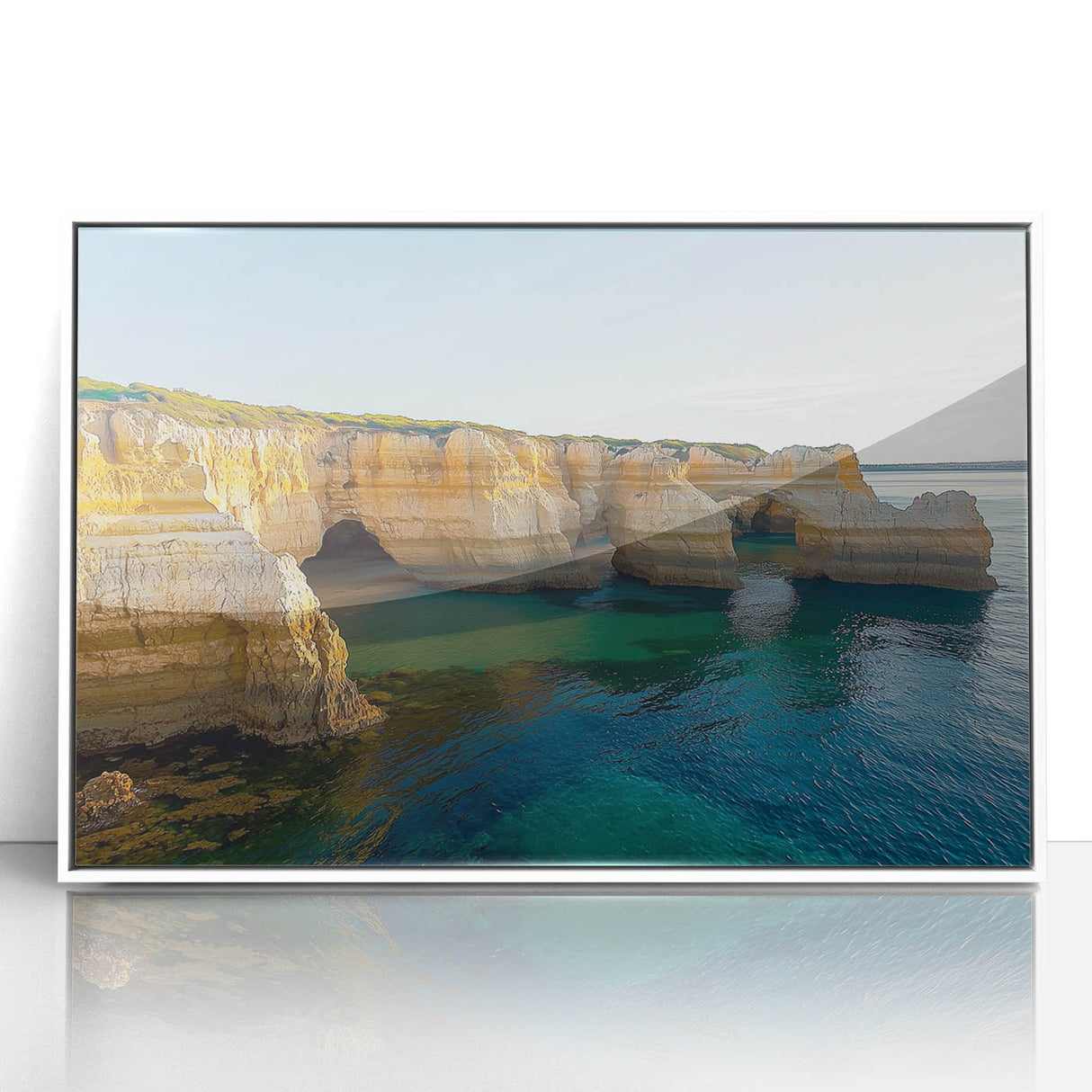 Framed acrylic artwork showcasing a breathtaking landscape of cliffs, featuring vibrant colors and intricate details, ideal for modern home decor and art enthusiasts.